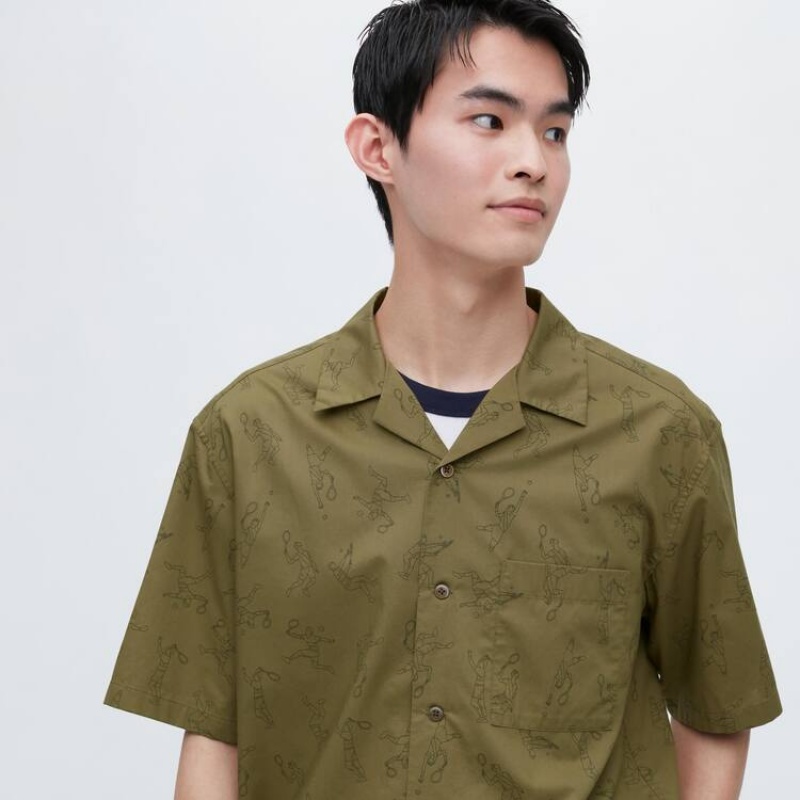 Men's Uniqlo Jw Anderson Casual Printed Short Sleeved (Open Collar) Shirts Olive | CFDZ-19478