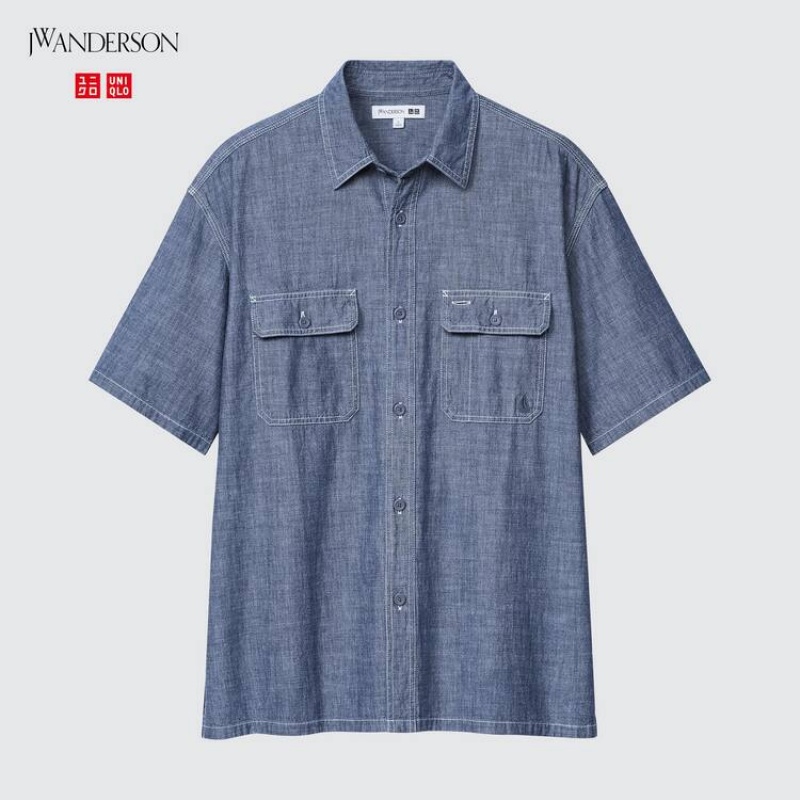 Men's Uniqlo Jw Anderson Chambray Oversized Short Sleeved Shirts Blue | WKRS-05834