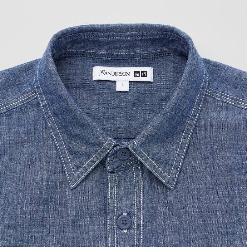 Men's Uniqlo Jw Anderson Chambray Oversized Short Sleeved Shirts Blue | WKRS-05834