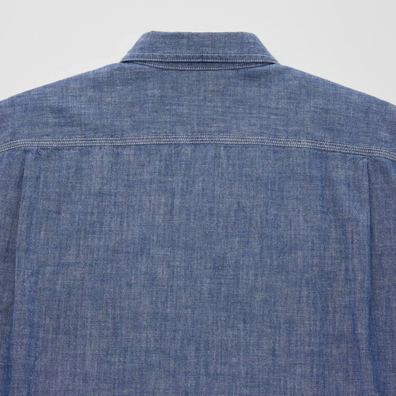 Men's Uniqlo Jw Anderson Chambray Oversized Short Sleeved Shirts Blue | WKRS-05834