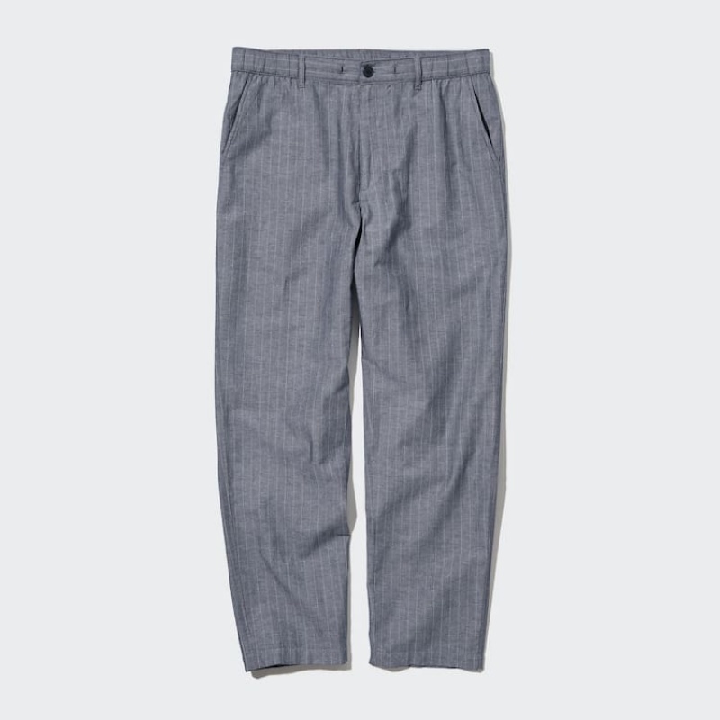 Men's Uniqlo Linen Blend Striped Relaxed Fit Trousers Blue | FNXU-96514