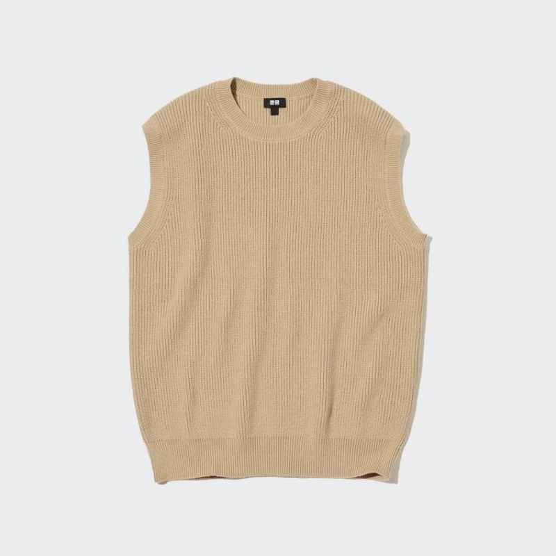 Men's Uniqlo Middle Gauge Knitted Crew Neck Jumpers Beige | YLND-71896