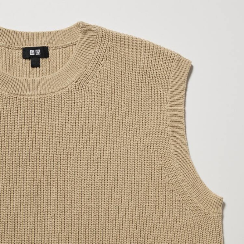 Men's Uniqlo Middle Gauge Knitted Crew Neck Jumpers Beige | YLND-71896