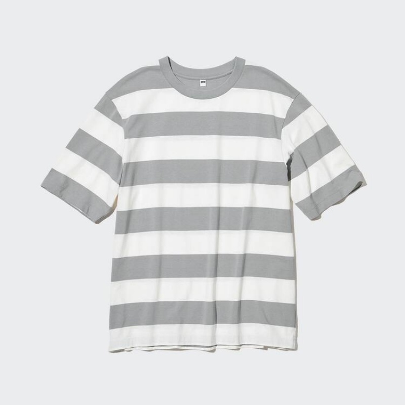 Men's Uniqlo Oversized Striped Half Sleeved T Shirts Grey | RLFZ-34895