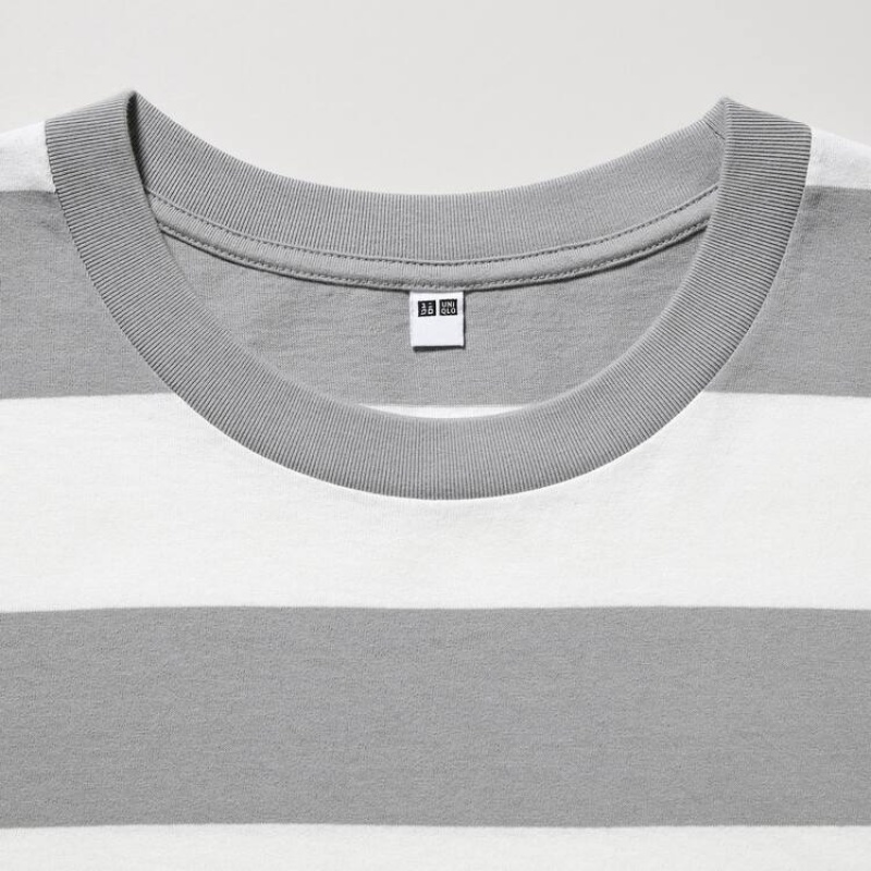 Men's Uniqlo Oversized Striped Half Sleeved T Shirts Grey | RLFZ-34895