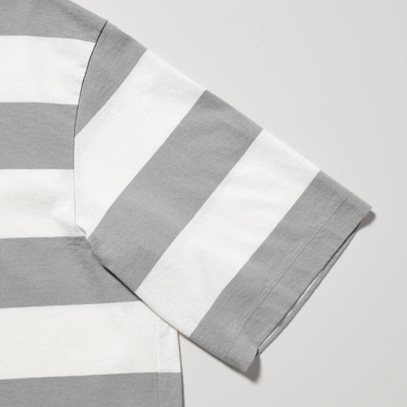 Men's Uniqlo Oversized Striped Half Sleeved T Shirts Grey | RLFZ-34895