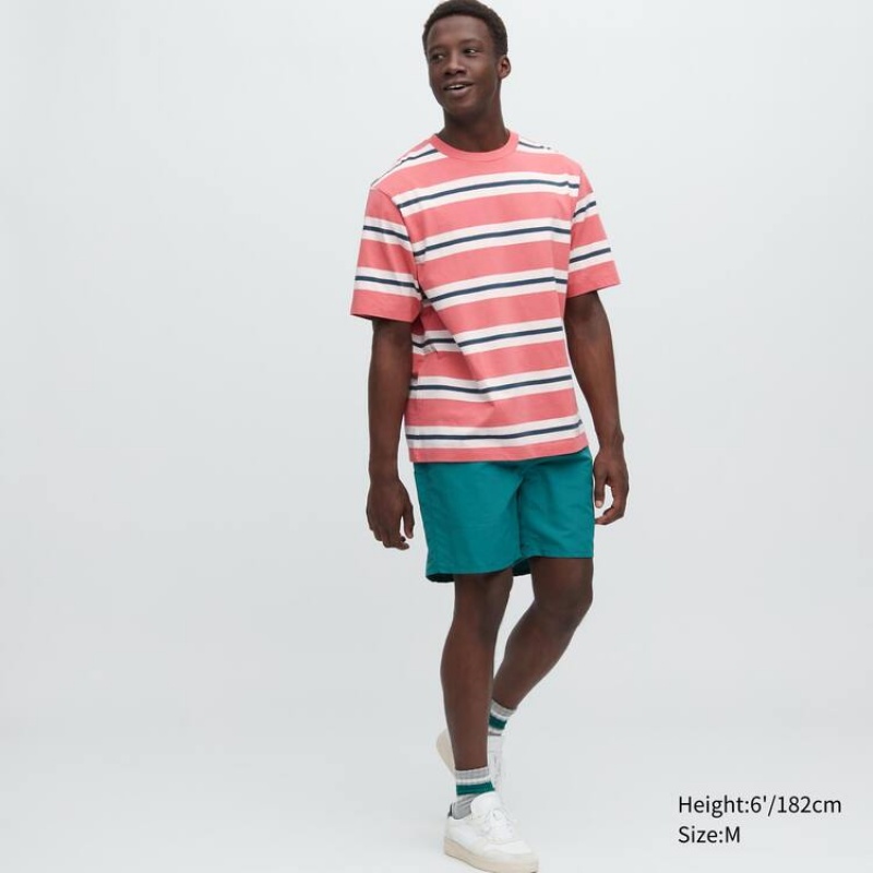 Men's Uniqlo Oversized Striped Half Sleeved T Shirts Pink | HCZS-51268