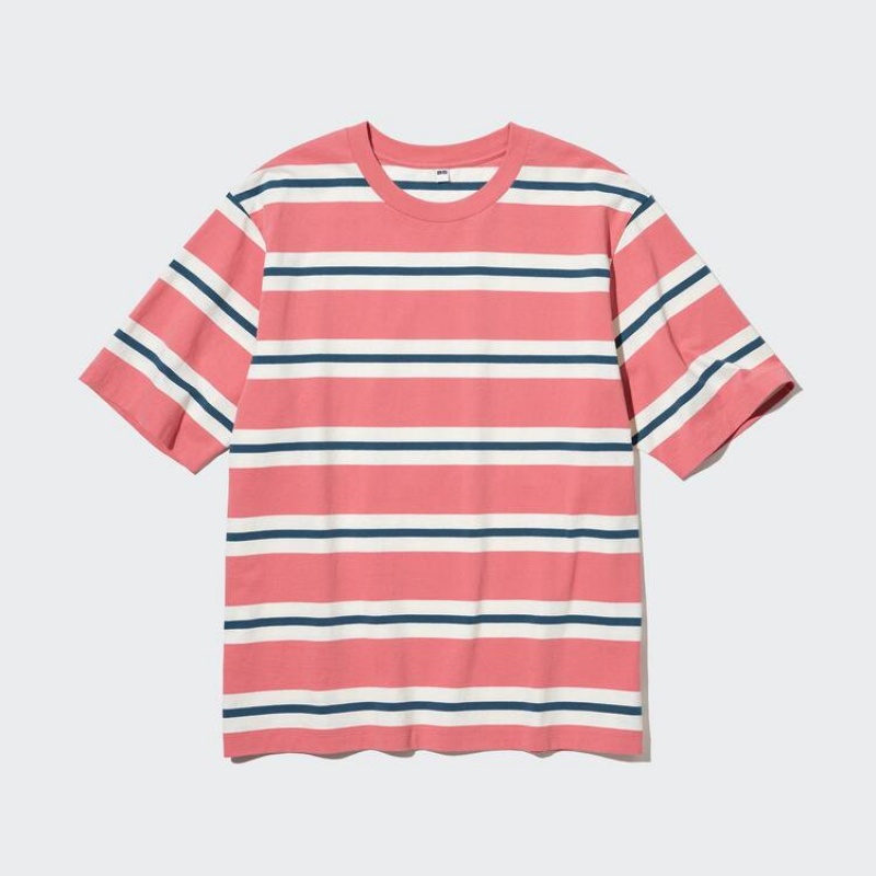 Men's Uniqlo Oversized Striped Half Sleeved T Shirts Pink | HCZS-51268