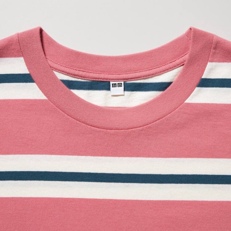 Men's Uniqlo Oversized Striped Half Sleeved T Shirts Pink | HCZS-51268