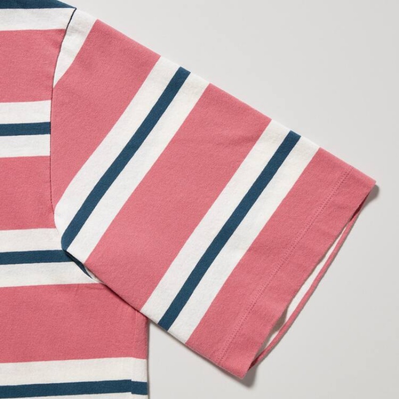 Men's Uniqlo Oversized Striped Half Sleeved T Shirts Pink | HCZS-51268