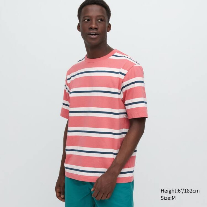 Men\'s Uniqlo Oversized Striped Half Sleeved T Shirts Pink | HCZS-51268