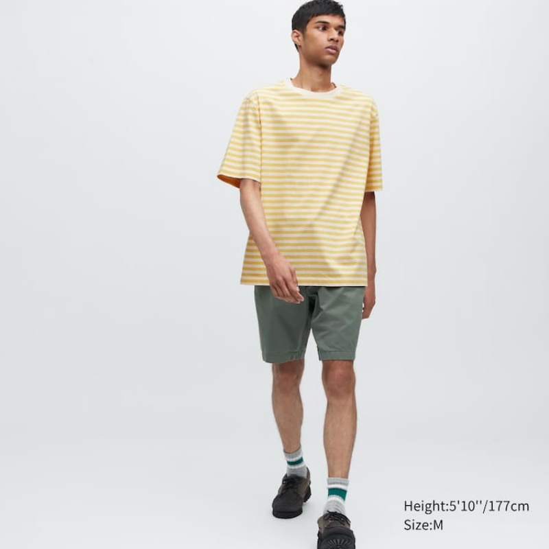 Men's Uniqlo Oversized Striped Half Sleeved T Shirts Yellow | YWOX-29638