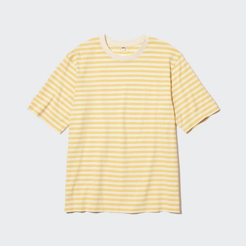 Men's Uniqlo Oversized Striped Half Sleeved T Shirts Yellow | YWOX-29638