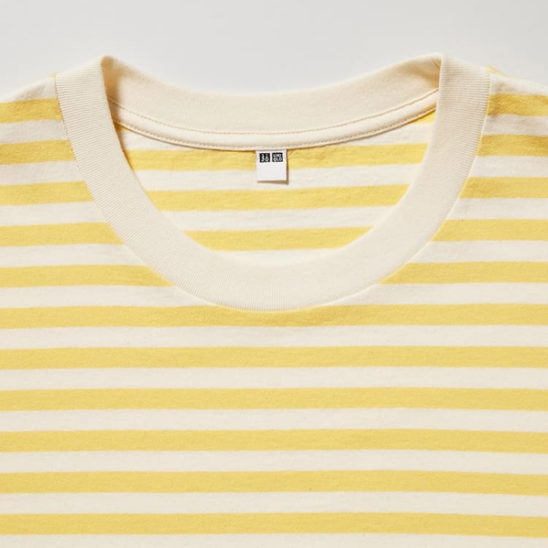 Men's Uniqlo Oversized Striped Half Sleeved T Shirts Yellow | YWOX-29638