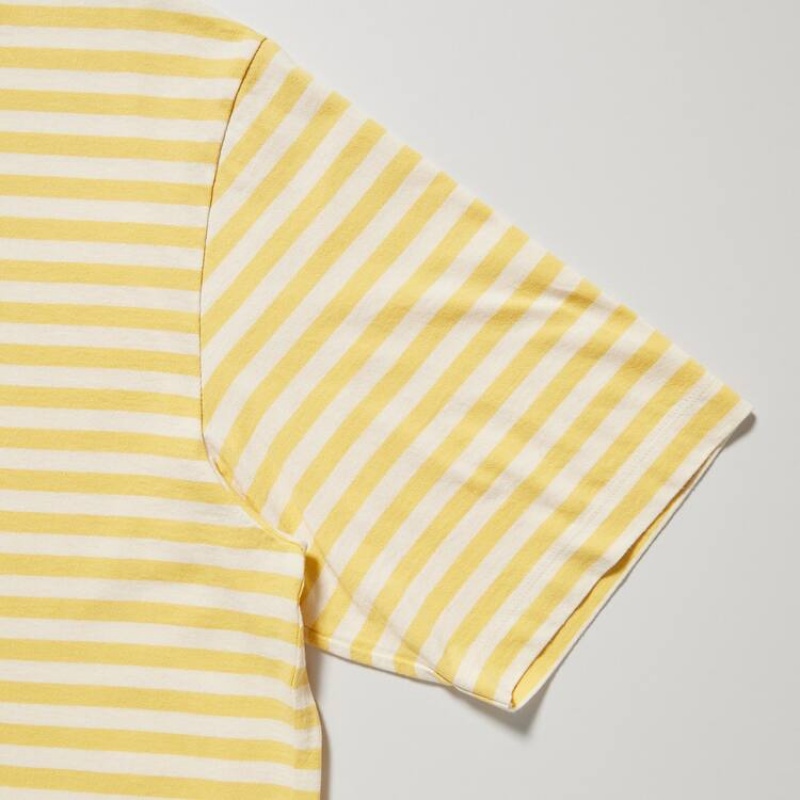 Men's Uniqlo Oversized Striped Half Sleeved T Shirts Yellow | YWOX-29638