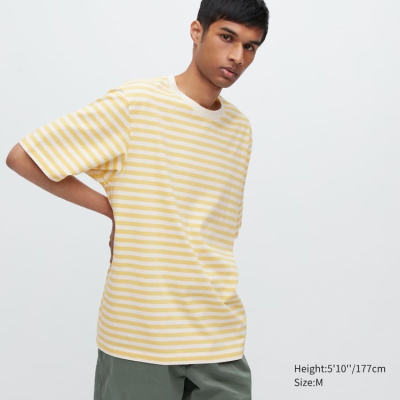 Men\'s Uniqlo Oversized Striped Half Sleeved T Shirts Yellow | YWOX-29638