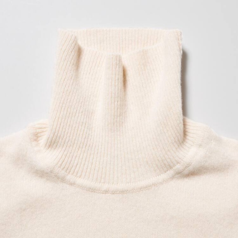 Men's Uniqlo Premium Lambswool Turtleneck Jumpers White | OSME-75069