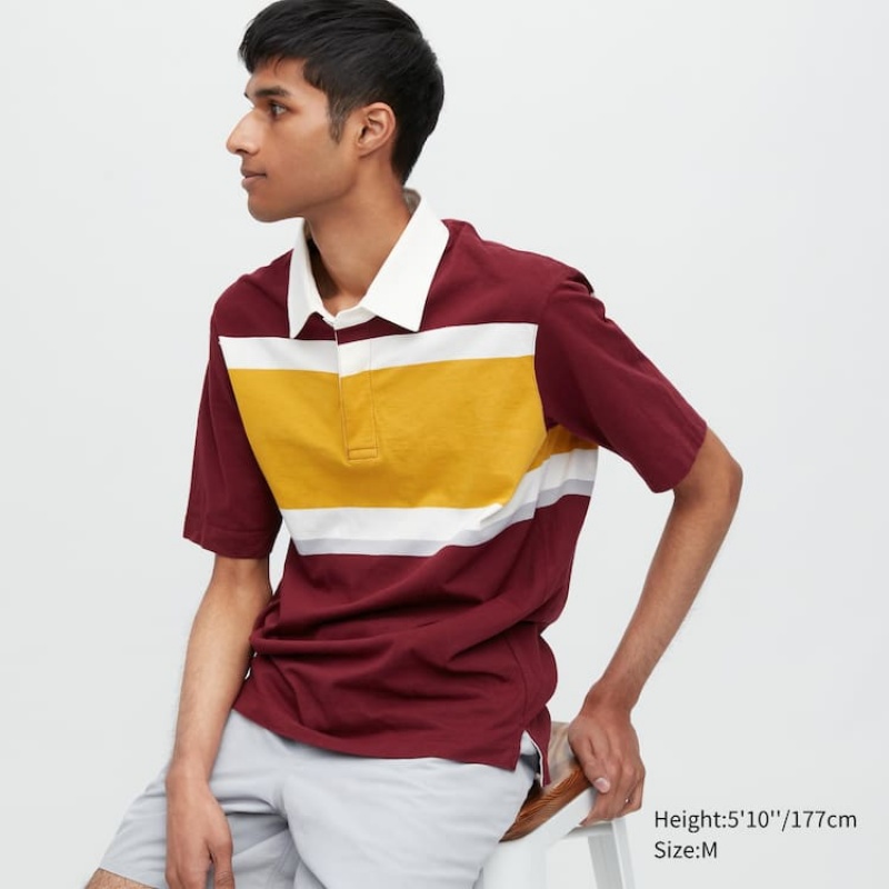 Men\'s Uniqlo Rugger Striped Short Sleeved Polo Shirts Burgundy | BNUD-24193