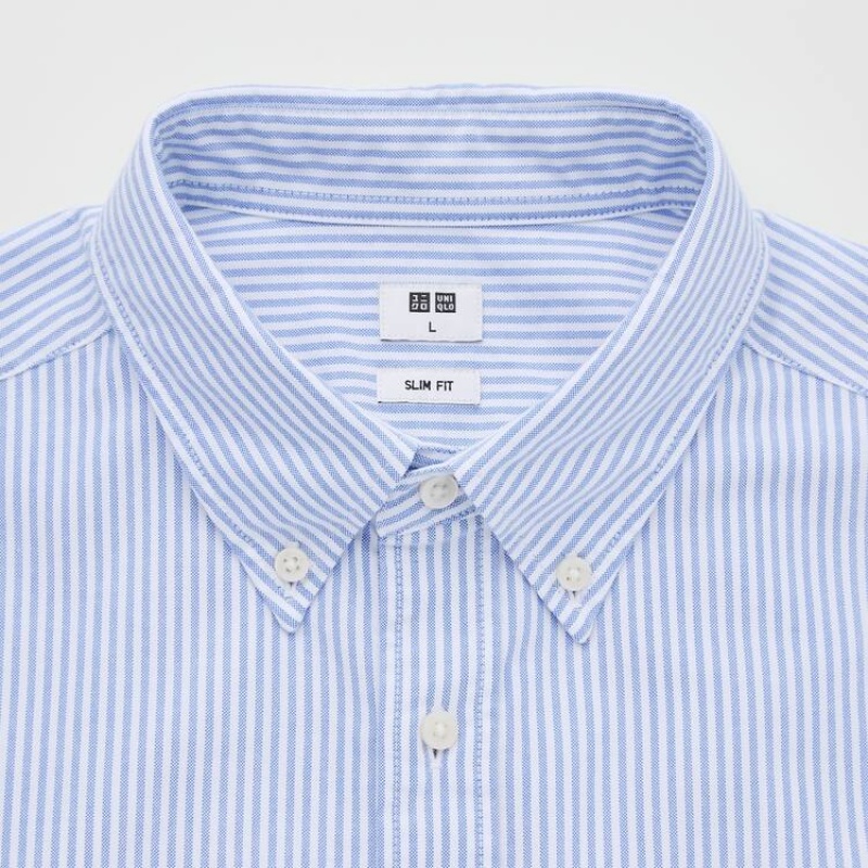 Men's Uniqlo Slim Fit Striped Oxford (Button-down Collar) Shirts Blue | KDGO-73980