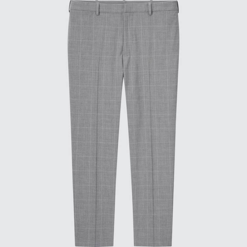 Men\'s Uniqlo Smart Comfort Glen Checked Ankle Length Trousers Grey | KOVT-34802