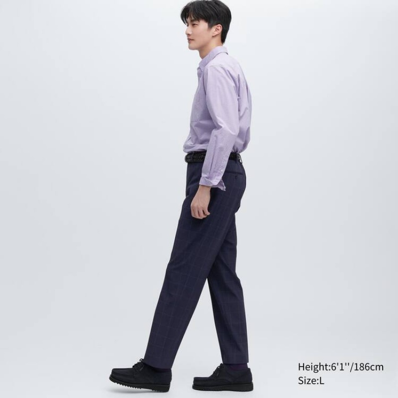 Men's Uniqlo Smart Patterned Ankle Length (Long) Trousers Navy | XFOR-61590