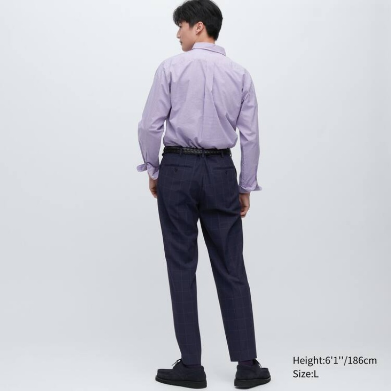 Men's Uniqlo Smart Patterned Ankle Length (Long) Trousers Navy | XFOR-61590