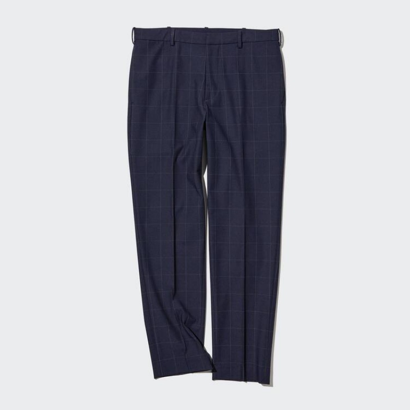 Men's Uniqlo Smart Patterned Ankle Length (Long) Trousers Navy | XFOR-61590