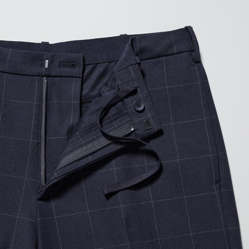 Men's Uniqlo Smart Patterned Ankle Length (Long) Trousers Navy | XFOR-61590