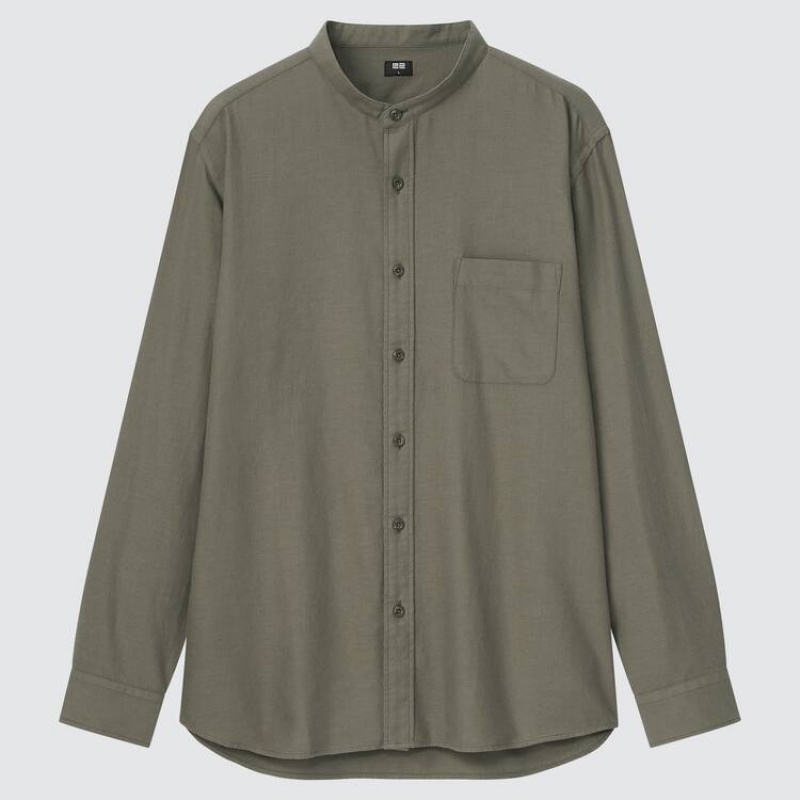 Men\'s Uniqlo Soft Twill Regular Fit (Grandad Collar) Shirts Olive | DXKU-13247