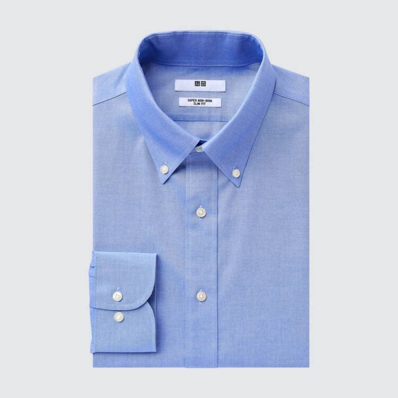 Men's Uniqlo Super Non-iron Slim Fit (Button-down Collar) Shirts Blue | WTRX-52346