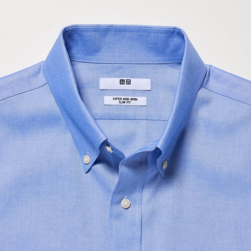 Men's Uniqlo Super Non-iron Slim Fit (Button-down Collar) Shirts Blue | WTRX-52346