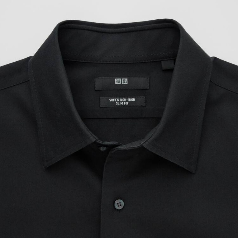 Men's Uniqlo Super Non-iron Slim Fit (Regular Collar) Shirts Black | DPBX-80594