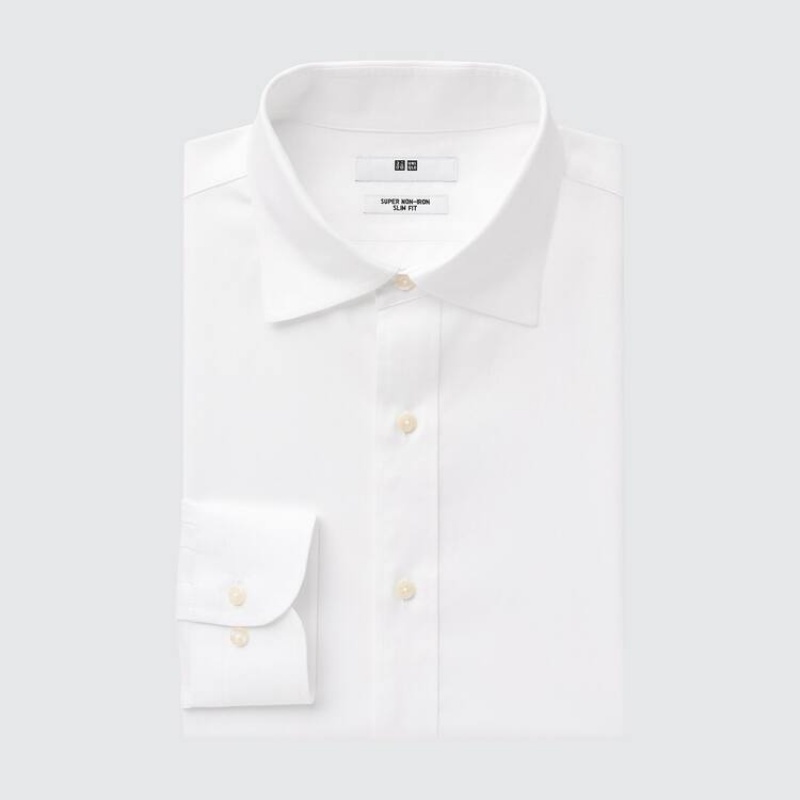 Men\'s Uniqlo Super Non-iron Slim Fit (Semi-cutaway Collar) Shirts White | VORU-82315