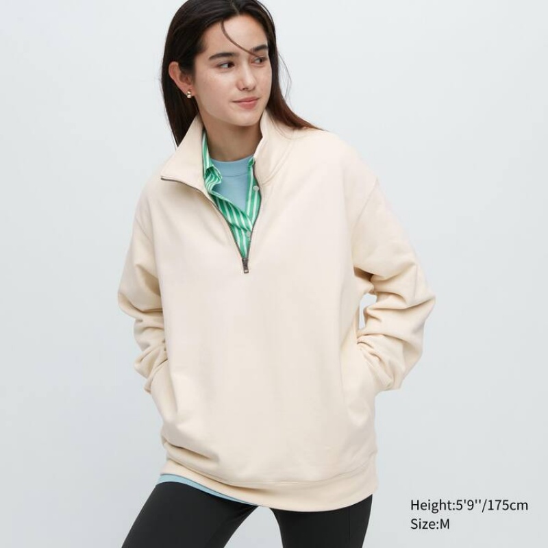 Men's Uniqlo Sweat Half-zipped Pullover Sweatshirts Beige | UQRW-05273