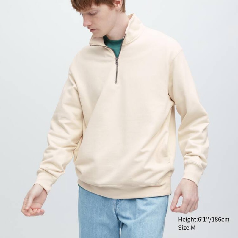 Men\'s Uniqlo Sweat Half-zipped Pullover Sweatshirts Beige | UQRW-05273