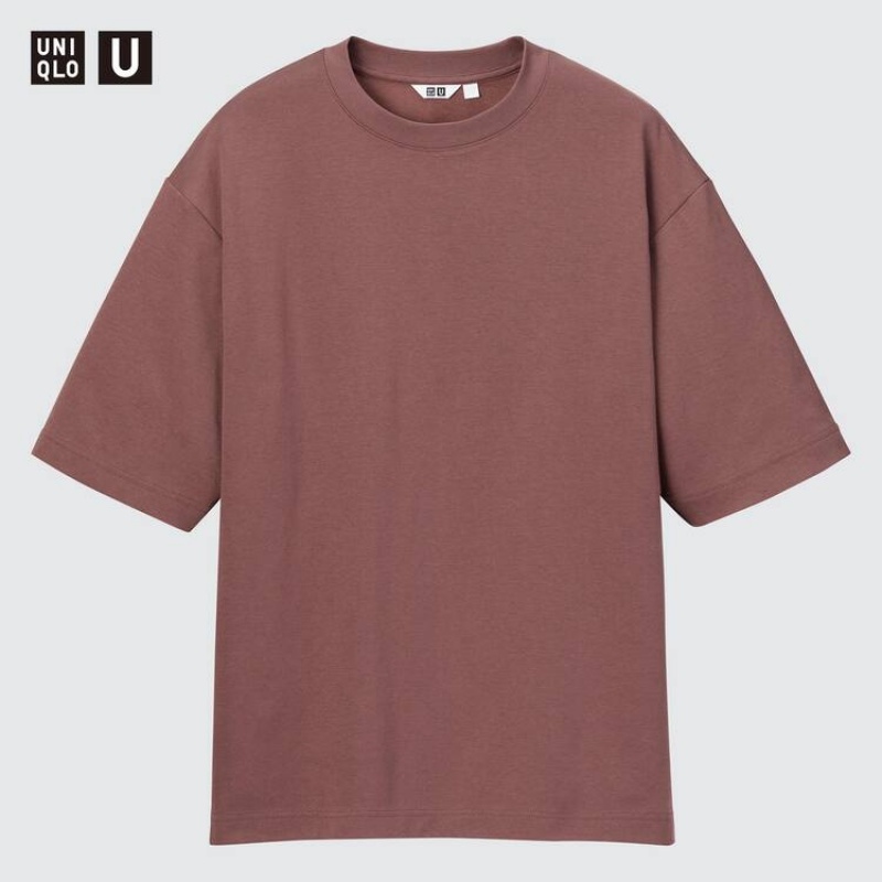 Men\'s Uniqlo U Airism Cotton Crew Neck Oversized T Shirts Burgundy | MBVA-87629