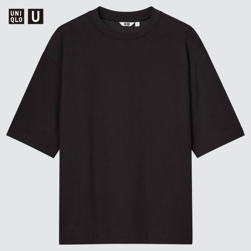 Men\'s Uniqlo U Airism Cotton Oversized Crew Neck T Shirts Black | QOJW-43856