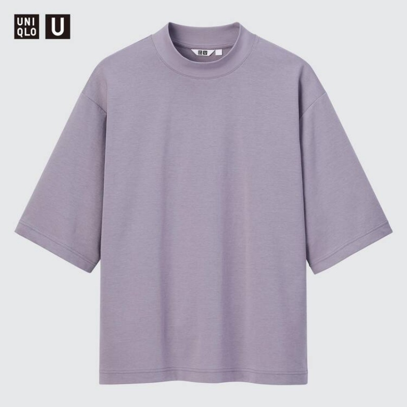 Men\'s Uniqlo U Airism Cotton Oversized Mock Neck Half Sleeved T Shirts Purple | CSKB-53946