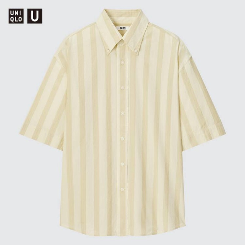 Men's Uniqlo U Seersucker Casual Striped Short Sleeved Shirts Cream | HCIA-56971