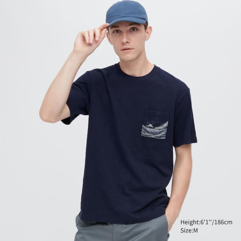 Men's Uniqlo Ukiyo-e Archive Ut Graphic T Shirts Navy | DHTK-23156