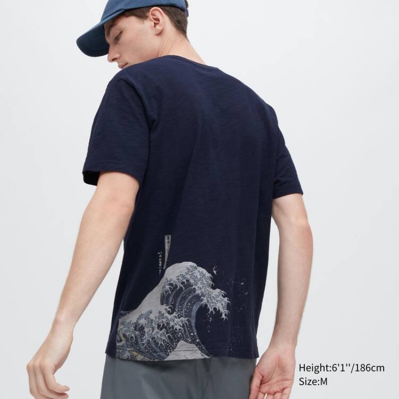 Men's Uniqlo Ukiyo-e Archive Ut Graphic T Shirts Navy | DHTK-23156