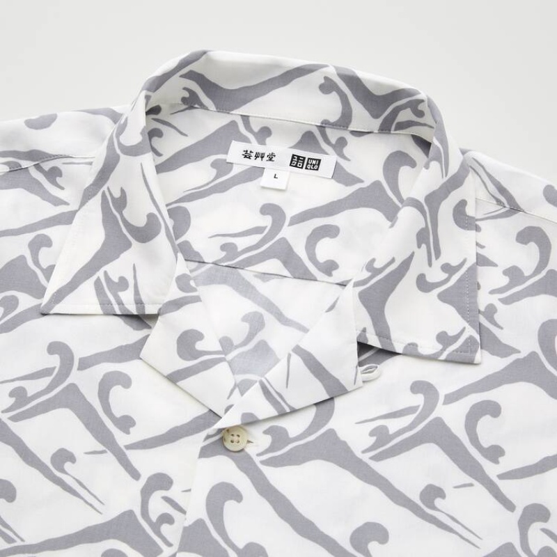 Men's Uniqlo Unsodo Printed Short Sleeved (Open Collar) Shirts White | DYXJ-70268