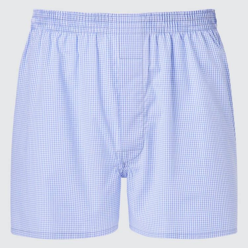 Men's Uniqlo Woven Gingham Checked Boxer Underwear Blue | YTSU-29453