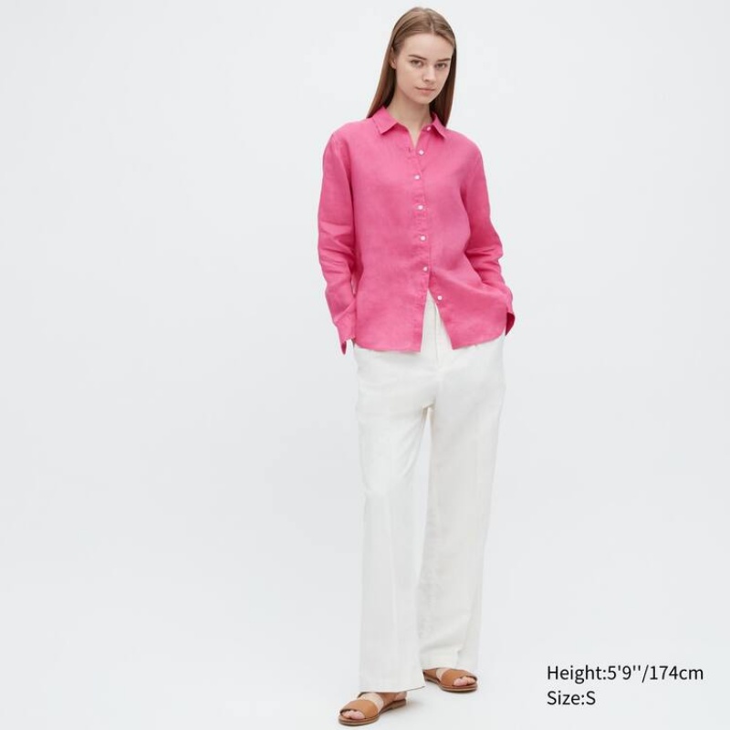 Women's Uniqlo 100% Premium Linen Long Sleeved Shirts Pink | PMNL-30916