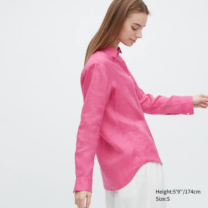 Women's Uniqlo 100% Premium Linen Long Sleeved Shirts Pink | PMNL-30916