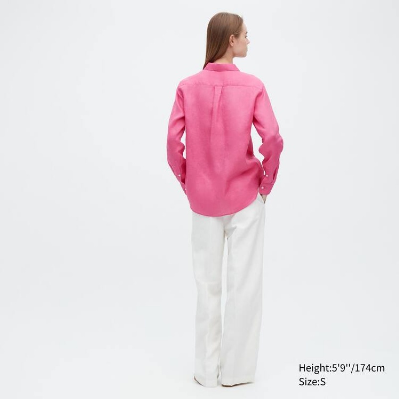 Women's Uniqlo 100% Premium Linen Long Sleeved Shirts Pink | PMNL-30916