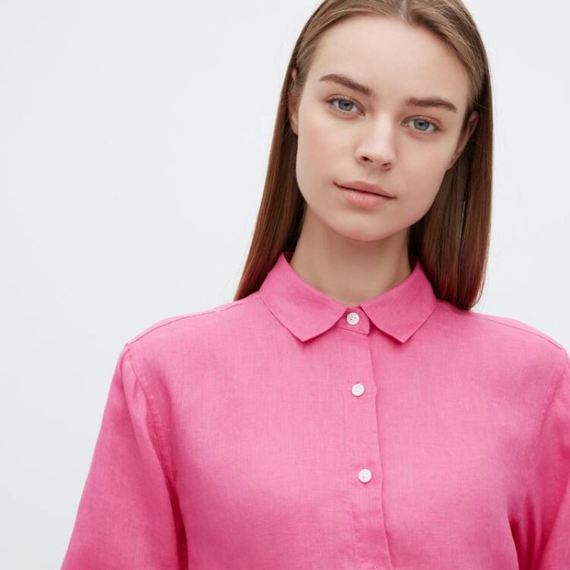 Women's Uniqlo 100% Premium Linen Long Sleeved Shirts Pink | PMNL-30916