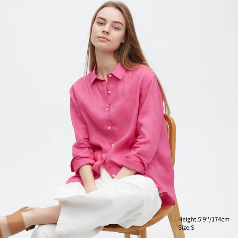 Women\'s Uniqlo 100% Premium Linen Long Sleeved Shirts Pink | PMNL-30916