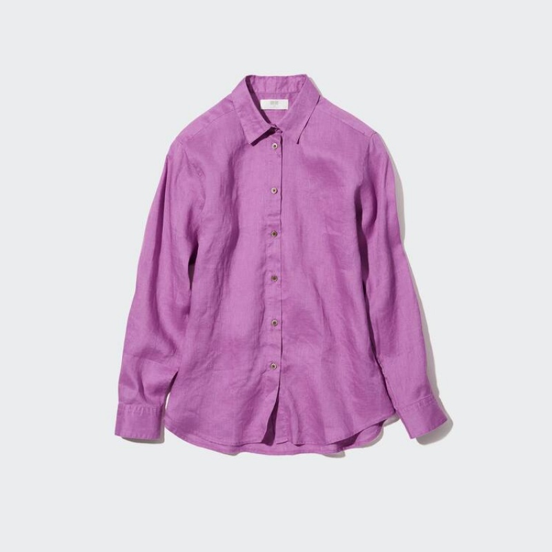 Women\'s Uniqlo 100% Premium Linen Long Sleeved Shirts Purple | NFBM-67528