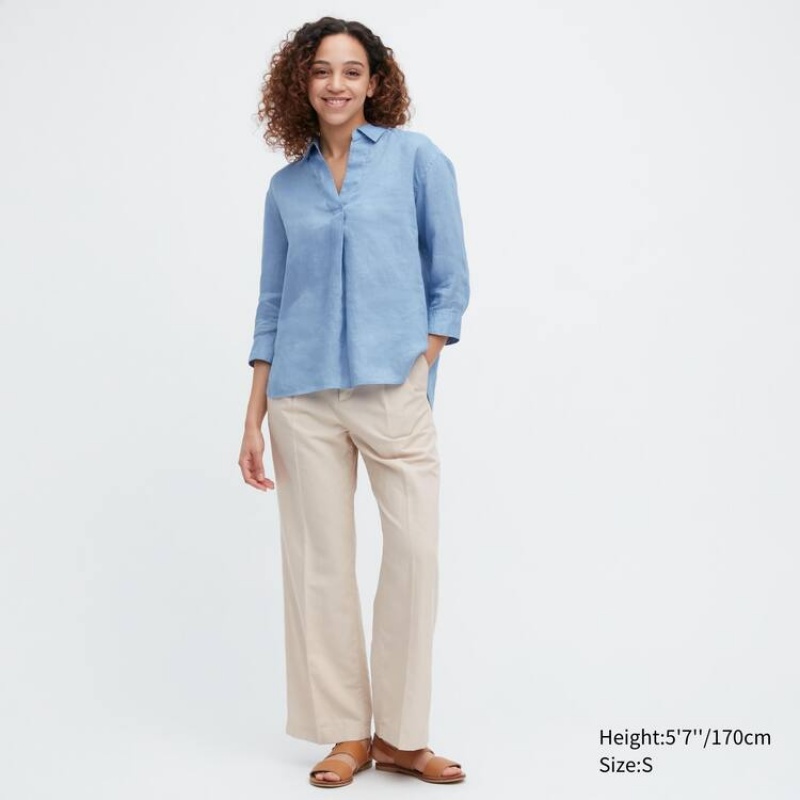 Women's Uniqlo 100% Premium Linen Skipper Collar 3/4 Sleeved Shirts Blue | DJHI-08619